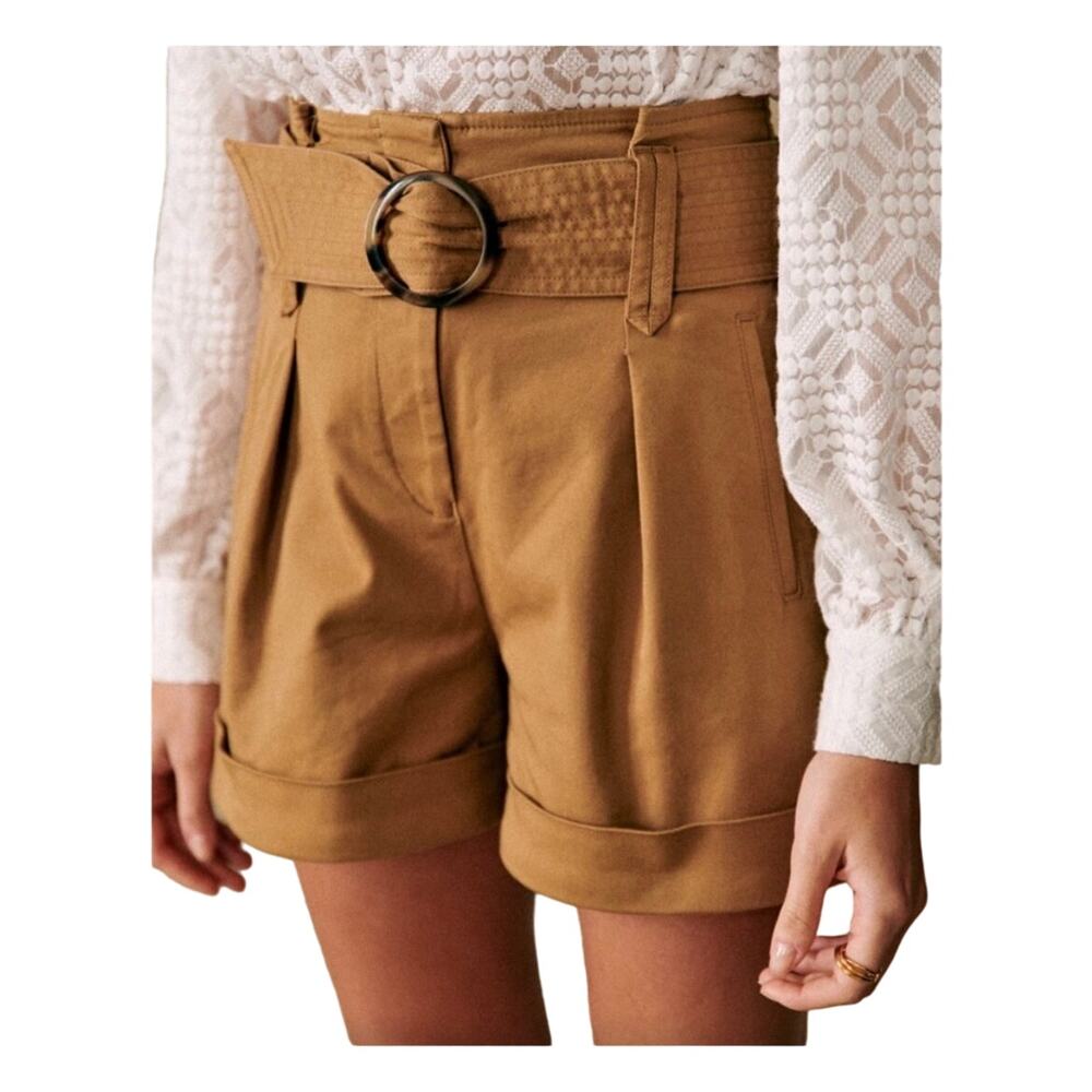 Sezane Rome Shorts Caramel Brown High-Waisted Belted US 14